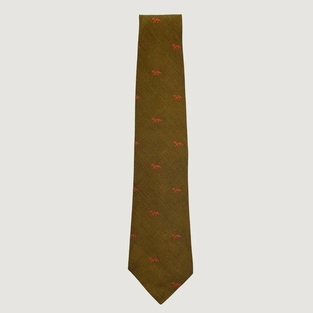 Tonelli Mens Silk Tie Olive Green Orange Lion Motif Embroidered Vintage